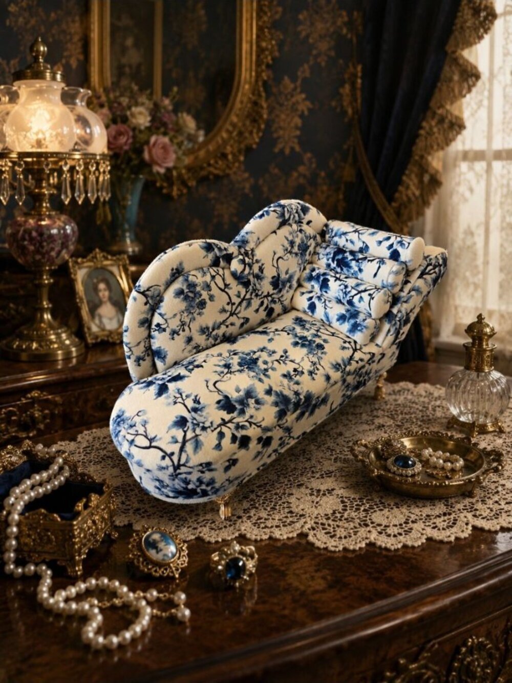 New Blue Flower Victorian Doll Chaise Jewelry Box Organizer Couch Jewelry Box
